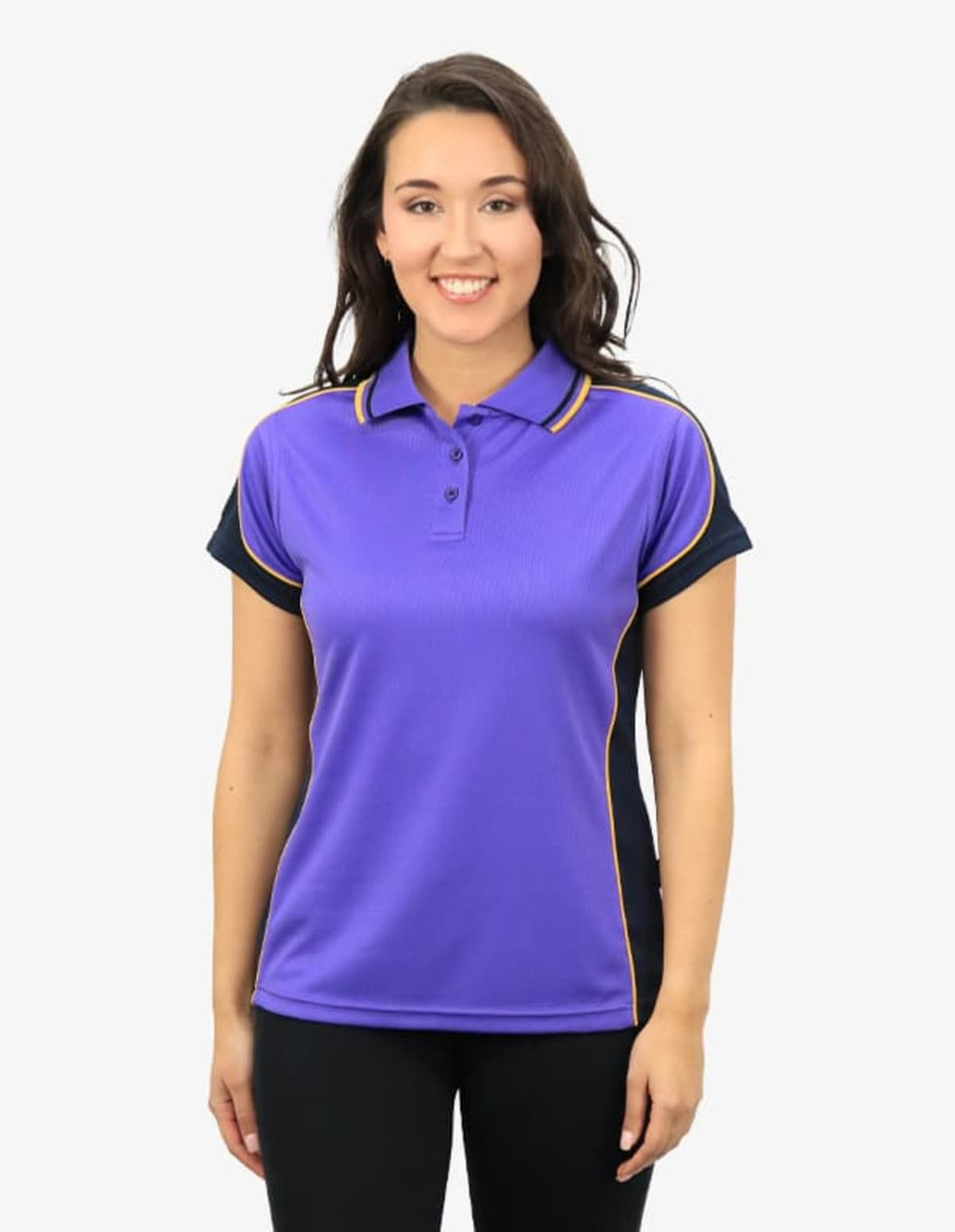 A purple and navy polo shirt with a logo, featuring short sleeves and a collar.