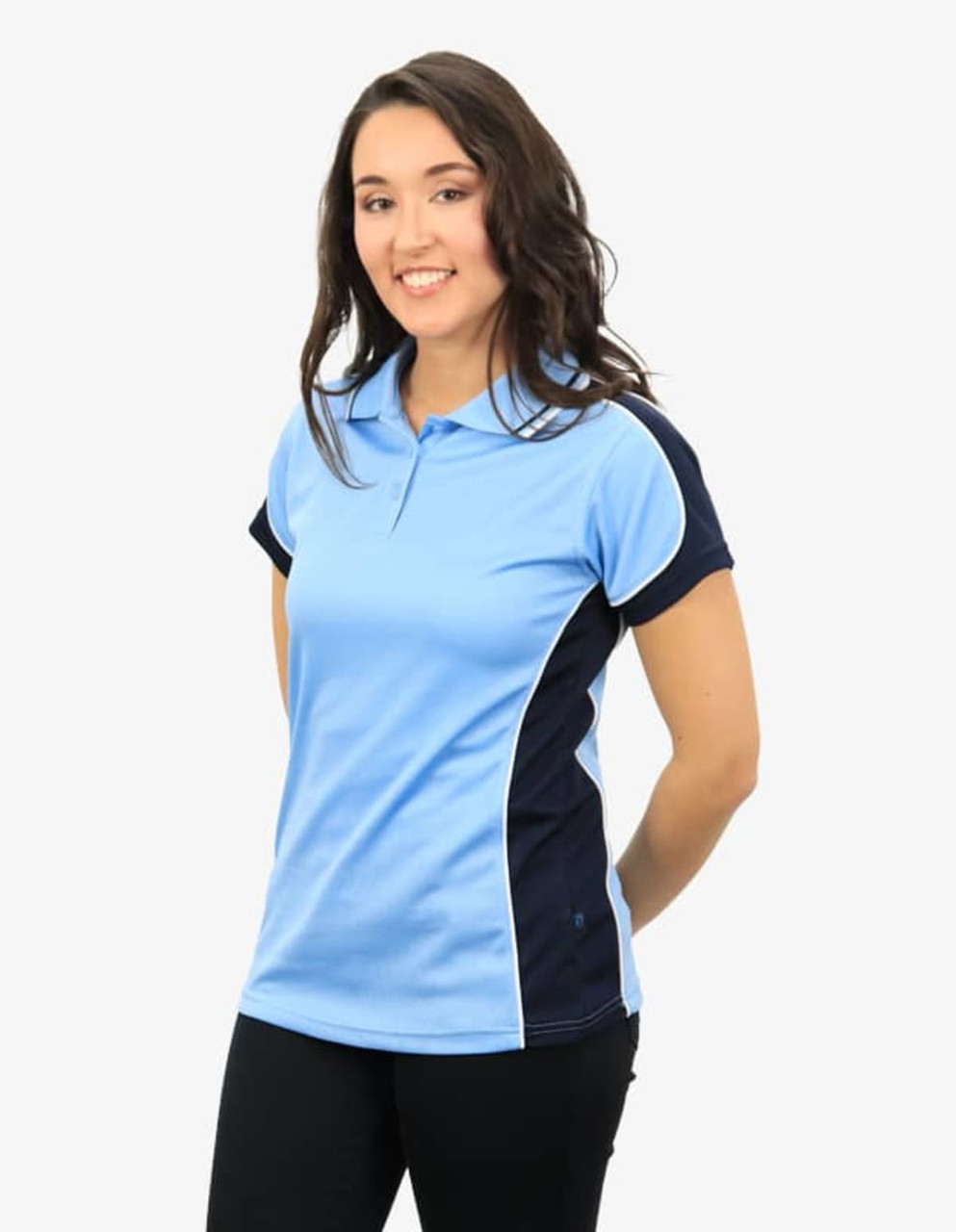 A polo shirt in light blue with navy accents, featuring a logo. It's worn by a woman standing against a plain background.