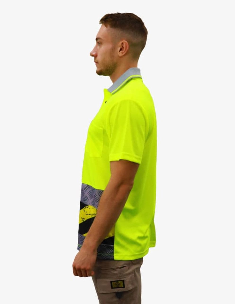 A bright yellow work polo shirt with a patterned lower panel and a grey collar, featuring a logo.