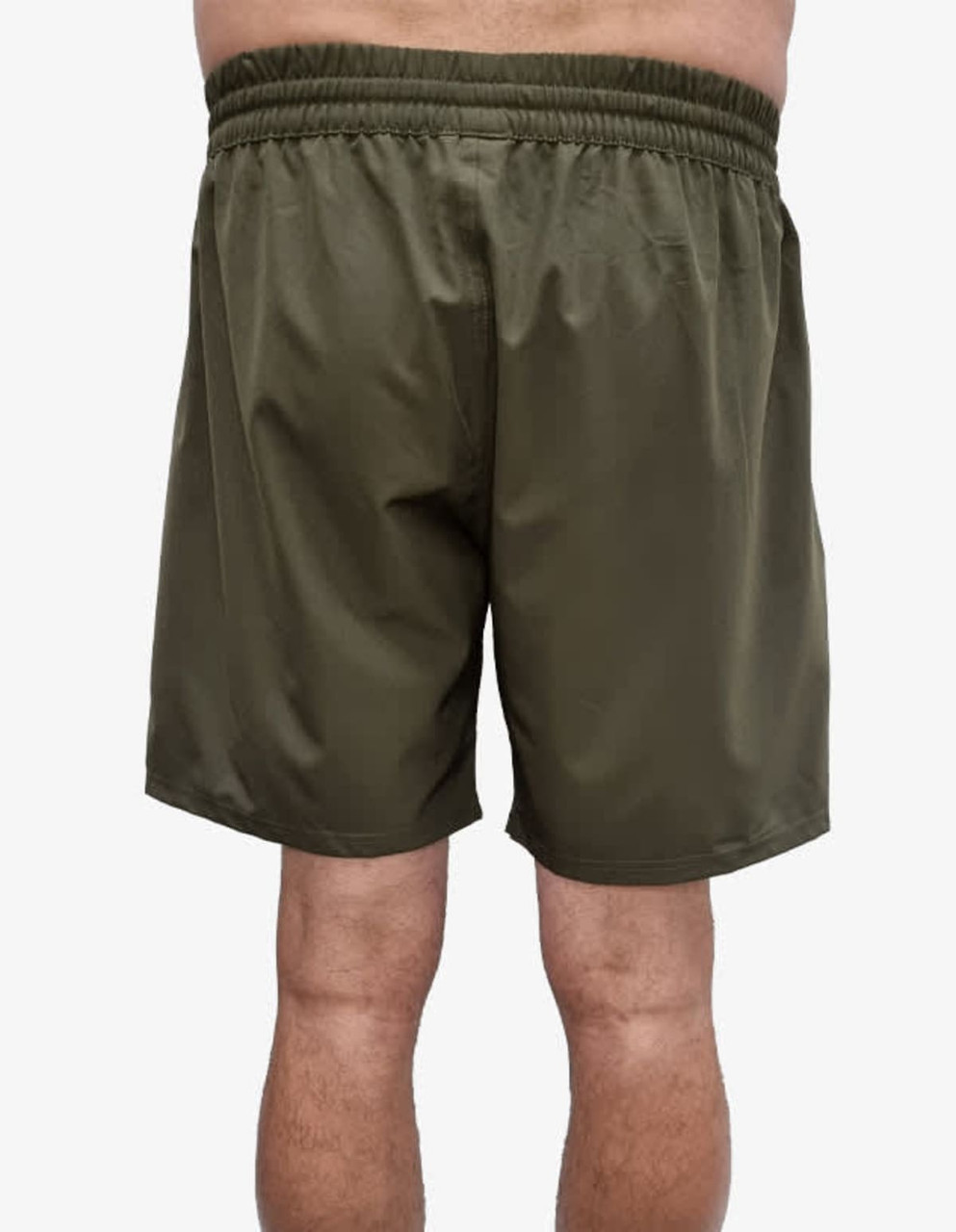 Olive green sports shorts with an elastic waistband, showing the back view. The shorts have a simple design and include a logo.