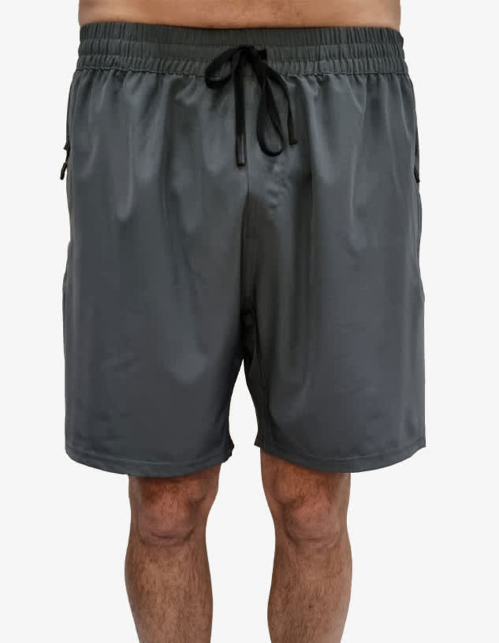 A pair of dark grey sports shorts featuring an elastic waistband and drawstring, with side pockets.