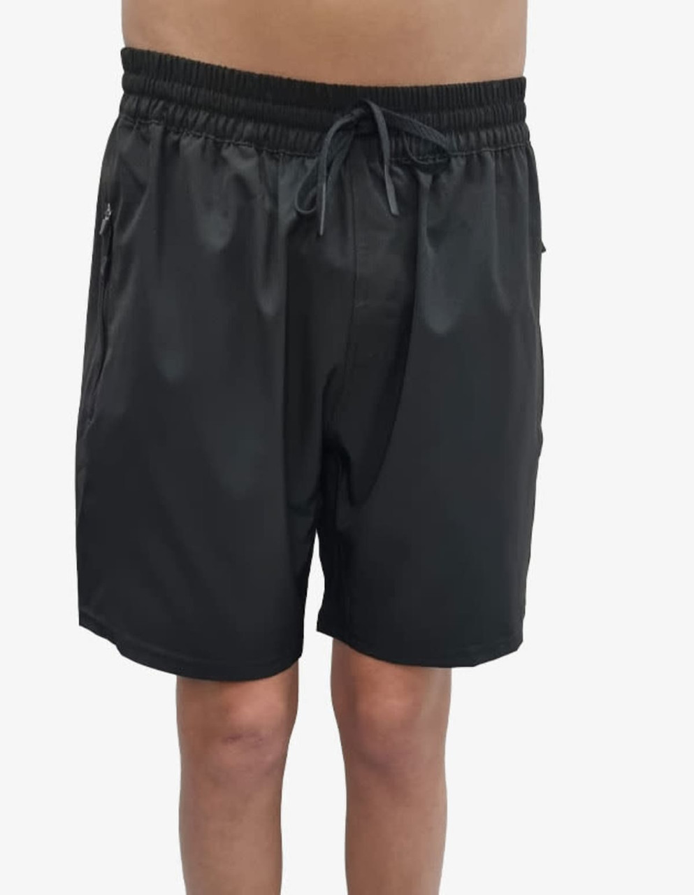 Black sports shorts with an elasticated waist and drawstring, featuring a side pocket and a logo.