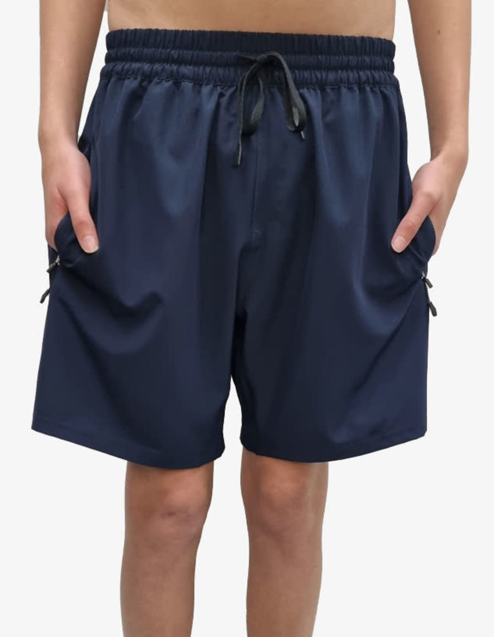 Navy sports shorts featuring elastic waistband and drawstring, with two side pockets and a logo.
