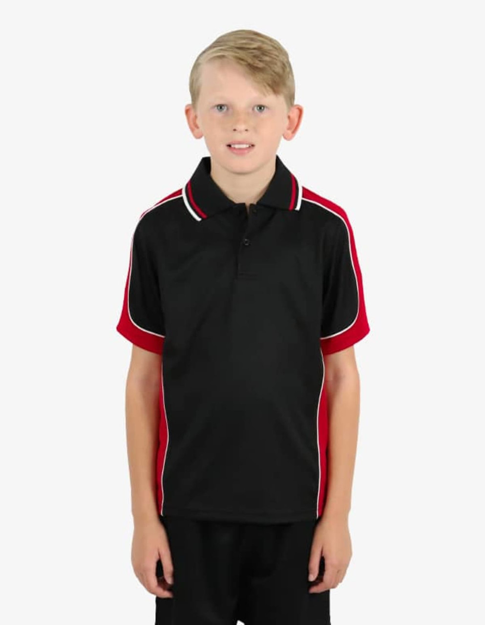 A black polo shirt with red detailing, featuring a logo on the chest and a classic collar design.