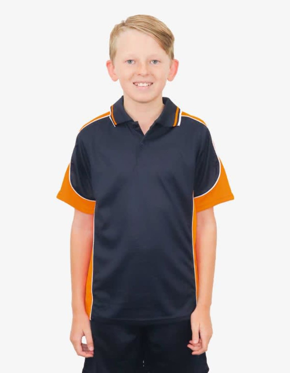 A black and orange polo shirt with short sleeves and a collar, featured on a smiling child model.