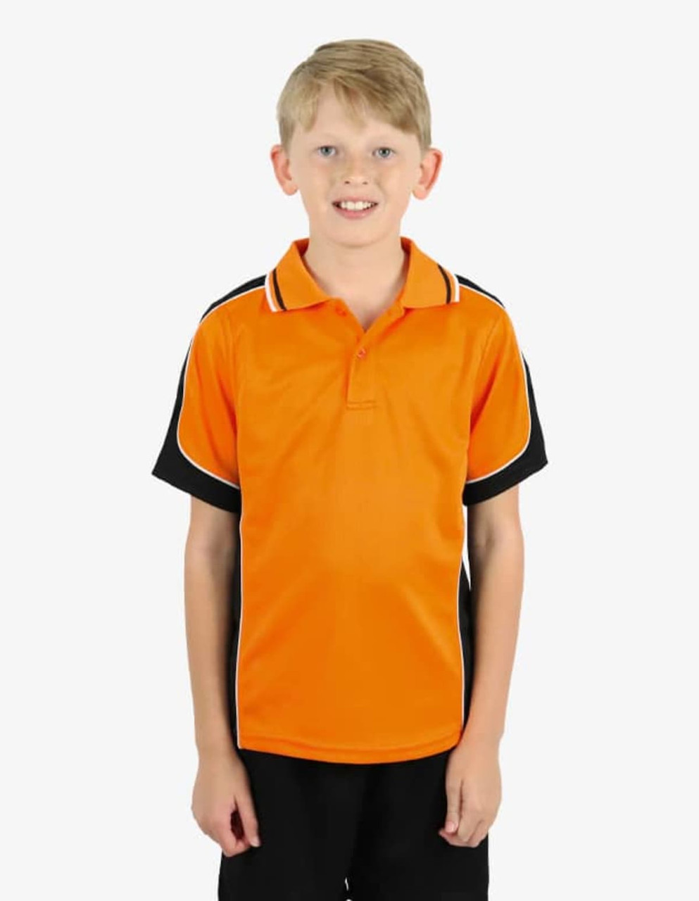 An orange and black polo shirt featuring a logo, worn by a smiling child.