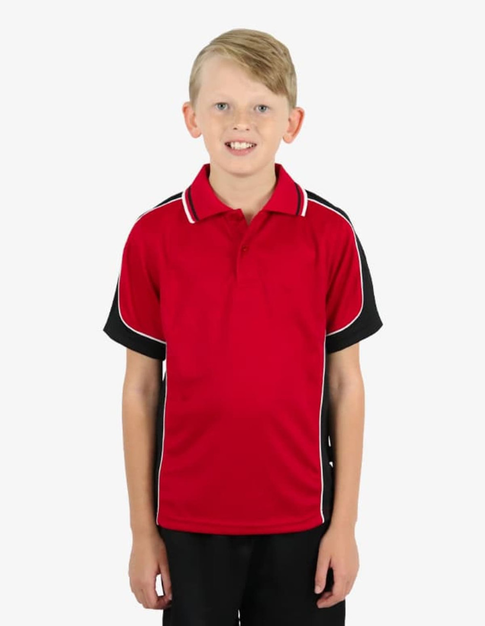 A red and black polo shirt featuring a logo, designed for children's wear.