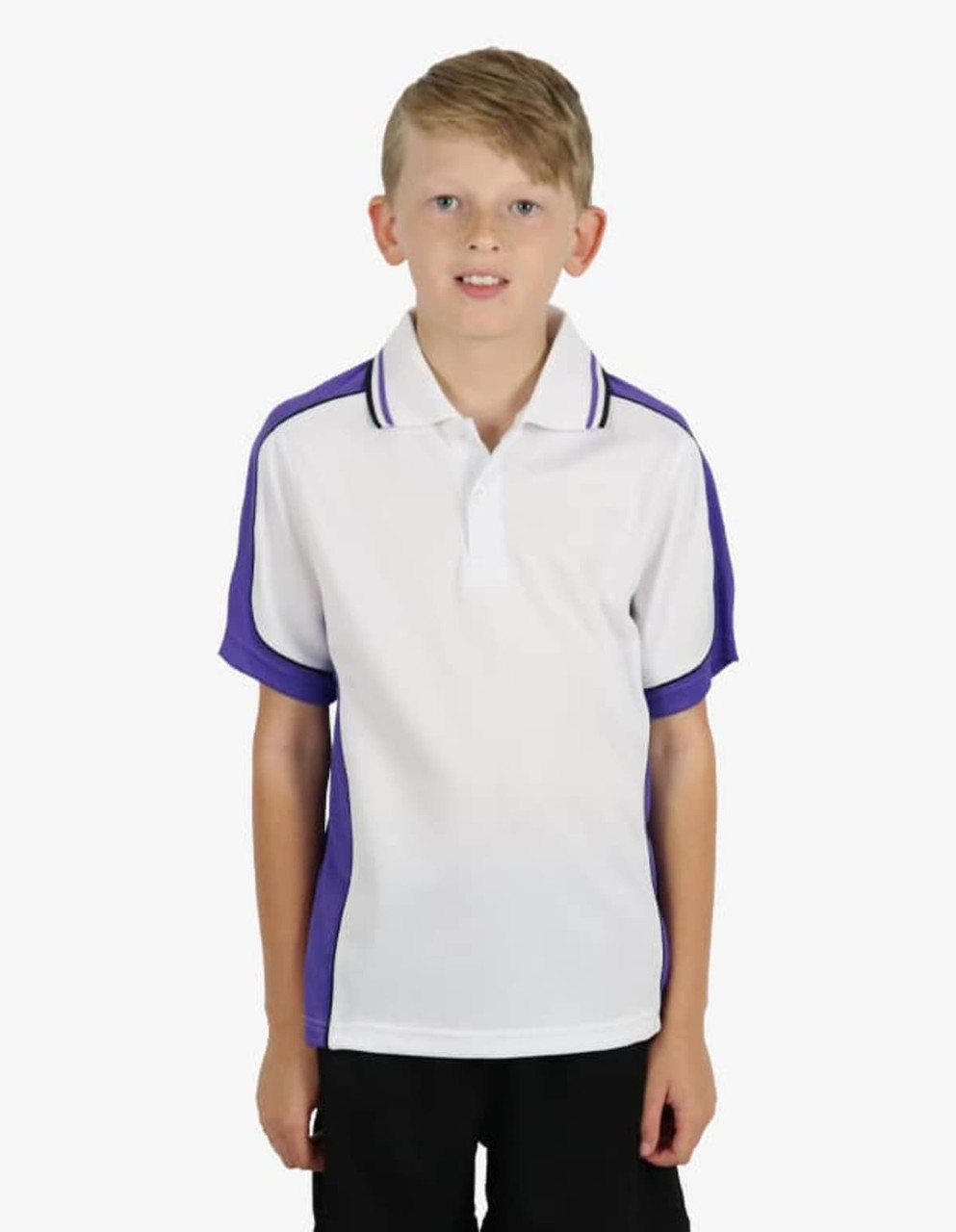 A boy wearing a white polo shirt with purple accents and a logo on the chest.