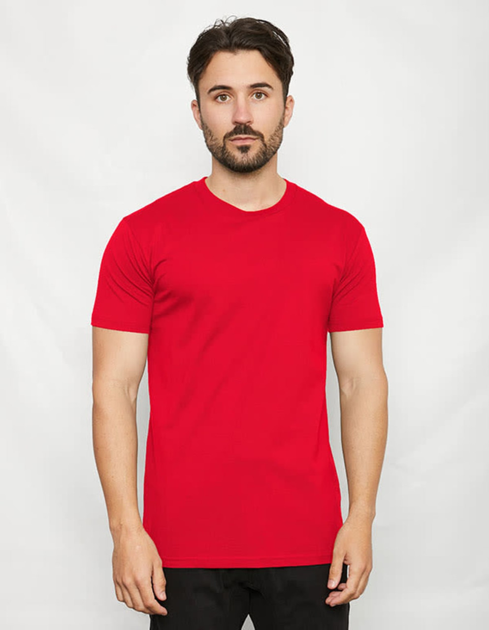 A red T-shirt with a fitted design and short sleeves, displayed on a model. It features a branding logo.