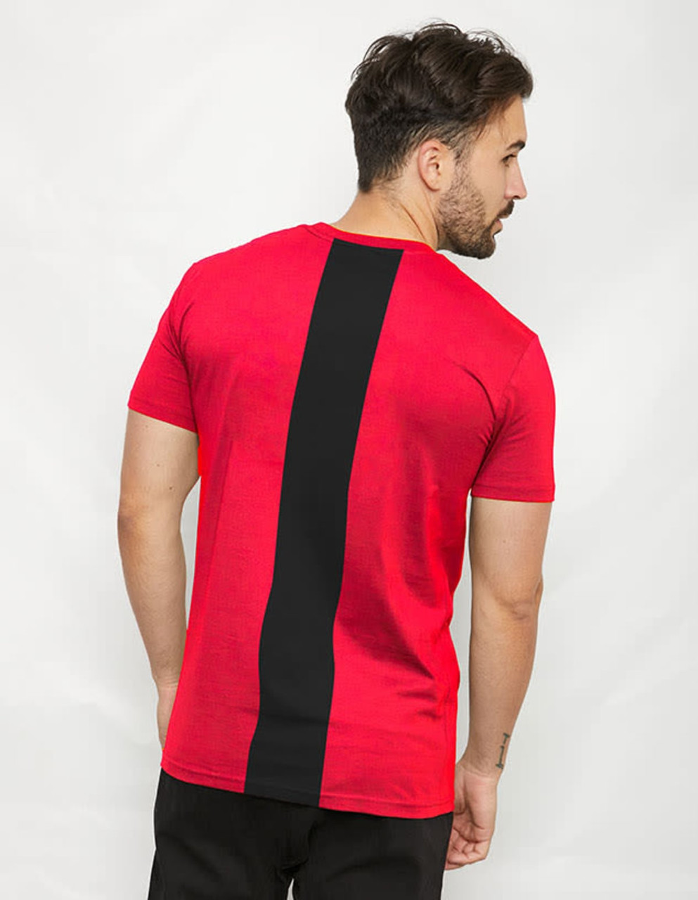 A red T-shirt featuring a black back panel, showcasing a modern design and a logo on the front.