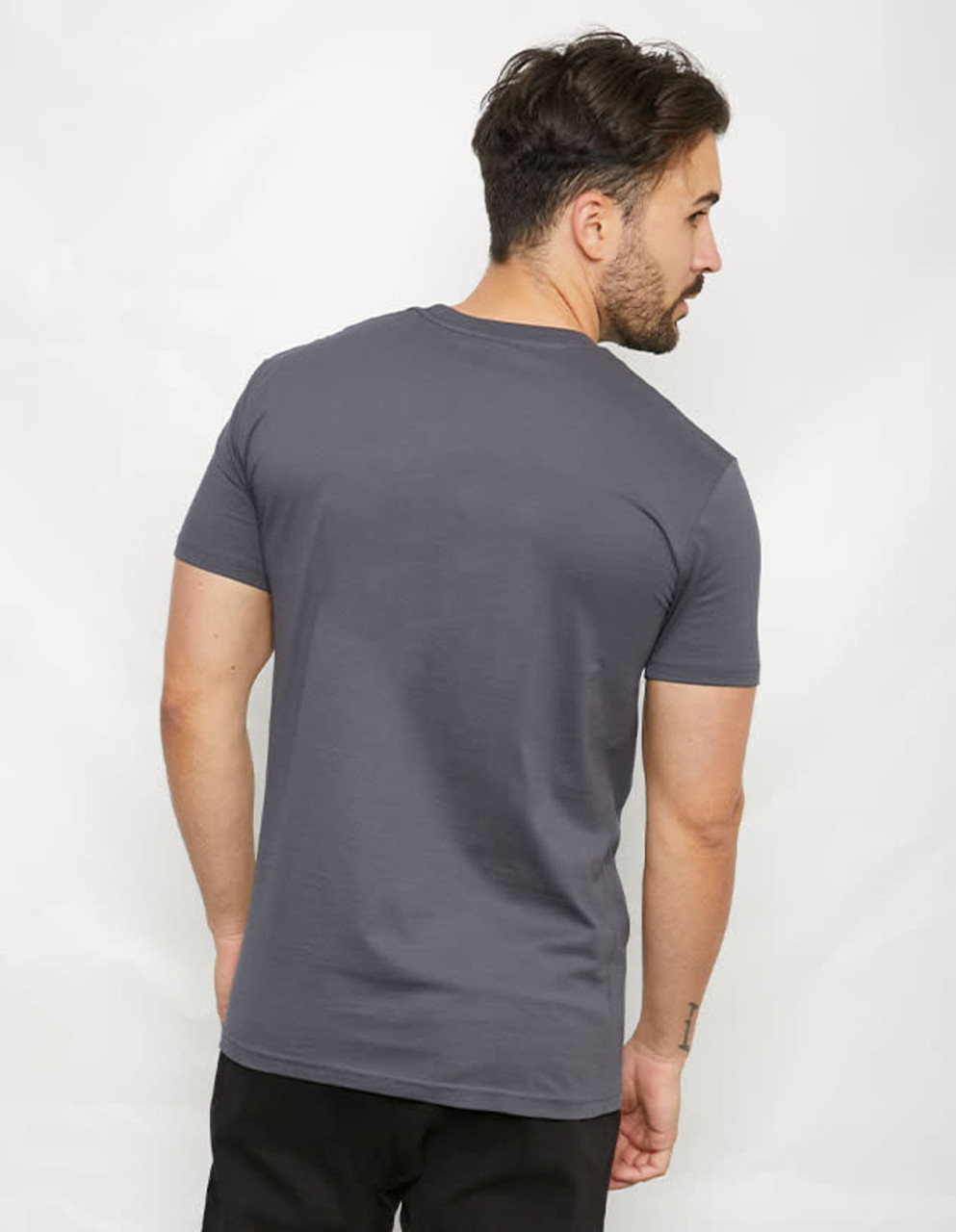 A grey two-toned T-shirt featuring a classic crew neckline and a logo. The model is shown from the back.