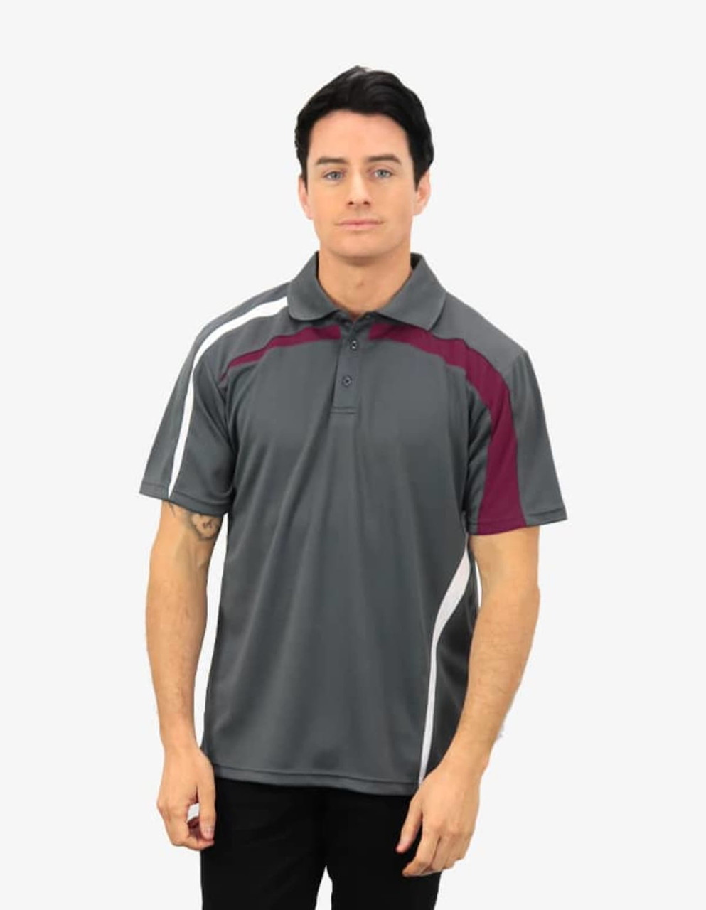 A polo shirt in grey and maroon with contrasting white stripes and a logo.
