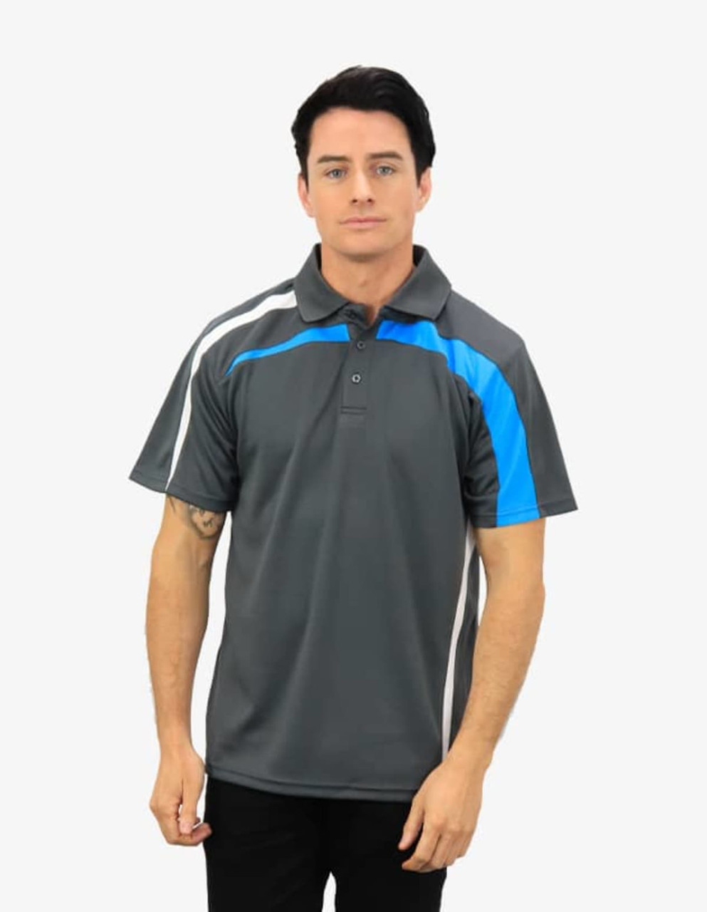 A grey polo shirt with blue and white accents, featuring a collar and short sleeves, modelled by a person.