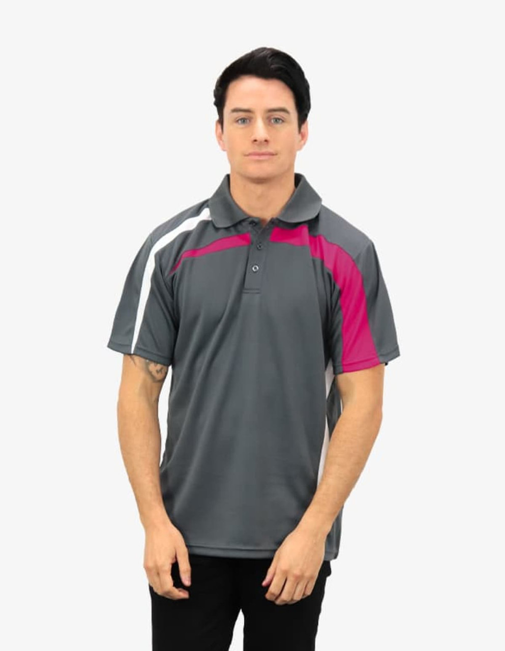 A grey polo shirt with pink and white accents, featuring a collar and short sleeves. It has a logo on the chest.