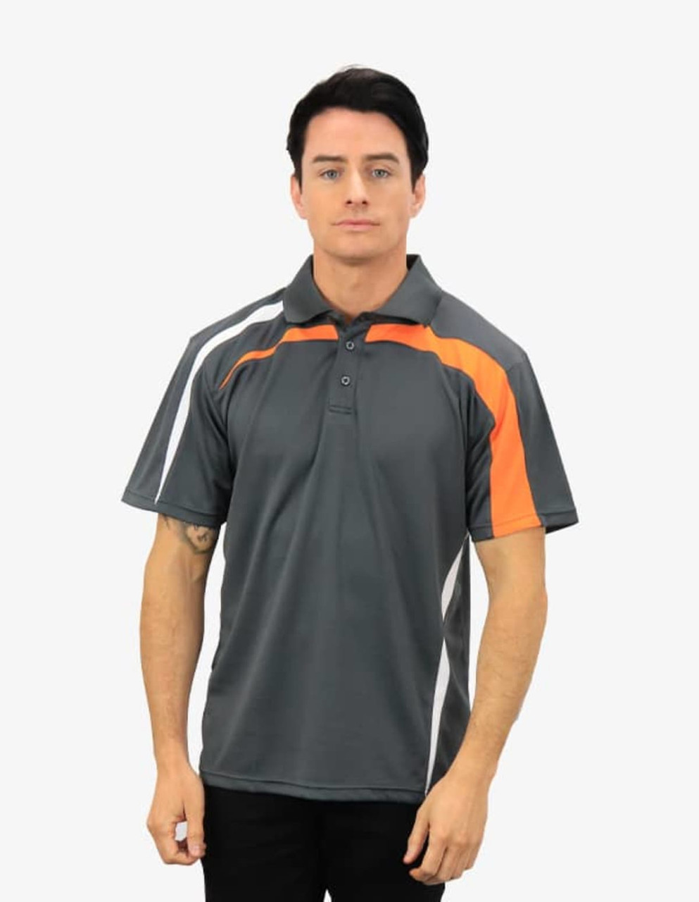 A man models a grey polo shirt with orange and white accents, featuring a logo on the chest.