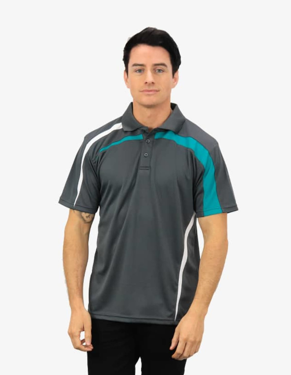 A man wears a dark grey polo shirt with teal and white accents and a logo on the chest.