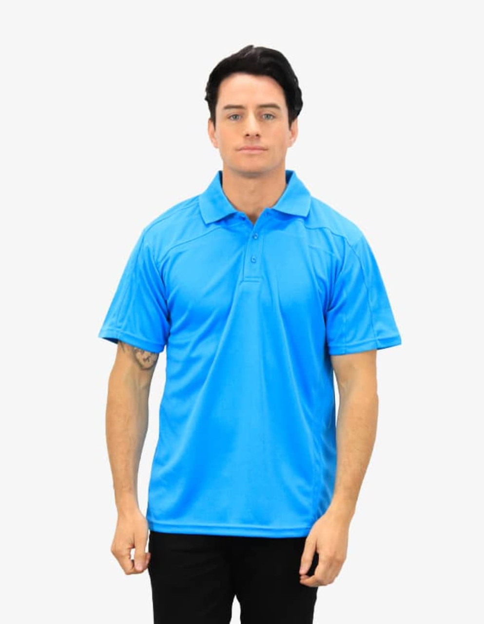 A polo shirt in bright blue, featuring short sleeves and a collar, displayed on a model. It has a logo.
