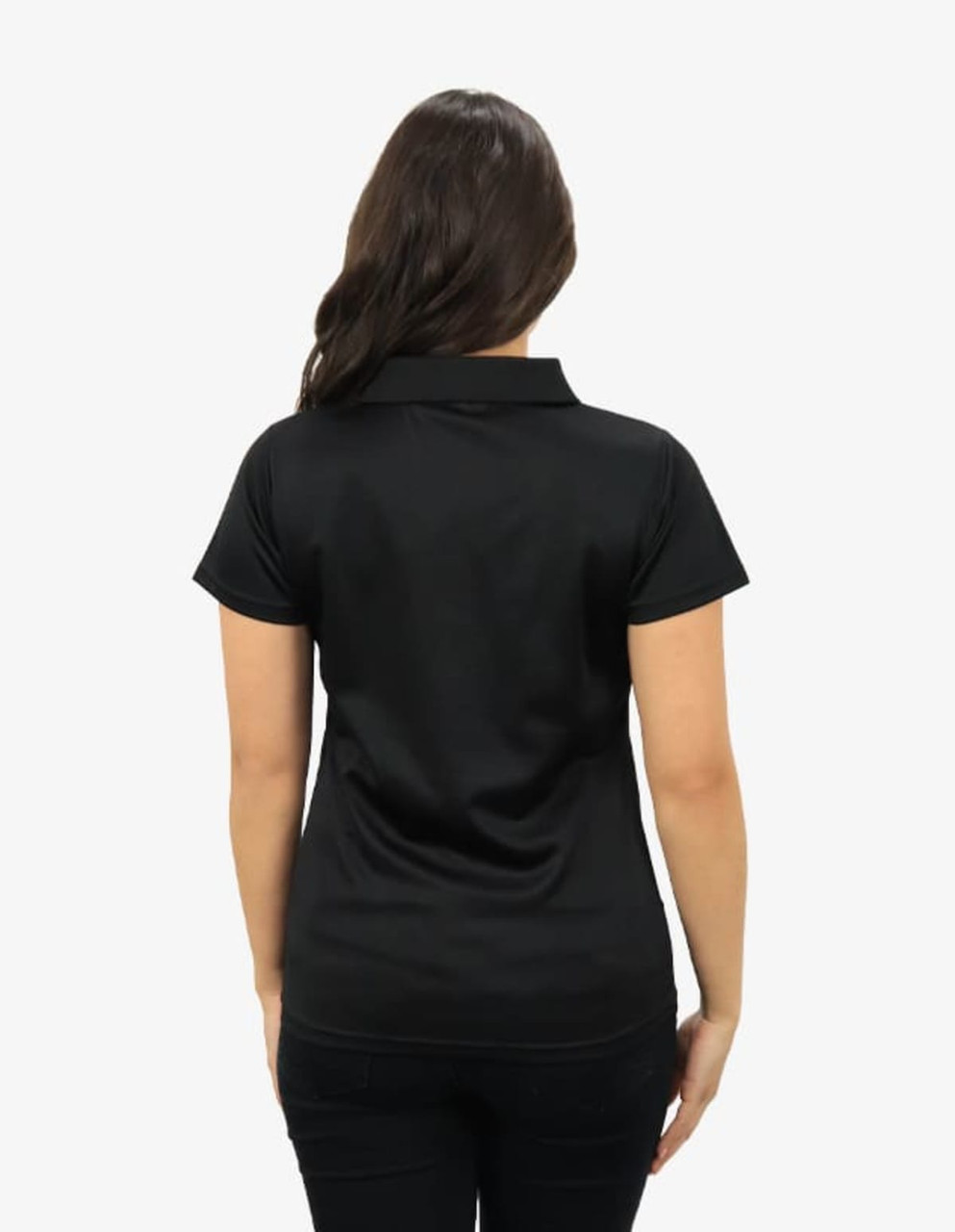 A black polo shirt with short sleeves, featuring a logo on the back.