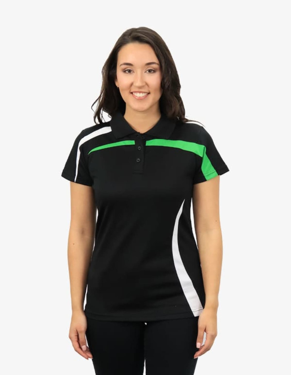 A woman wearing a black polo shirt with green and white accents, featuring a logo.