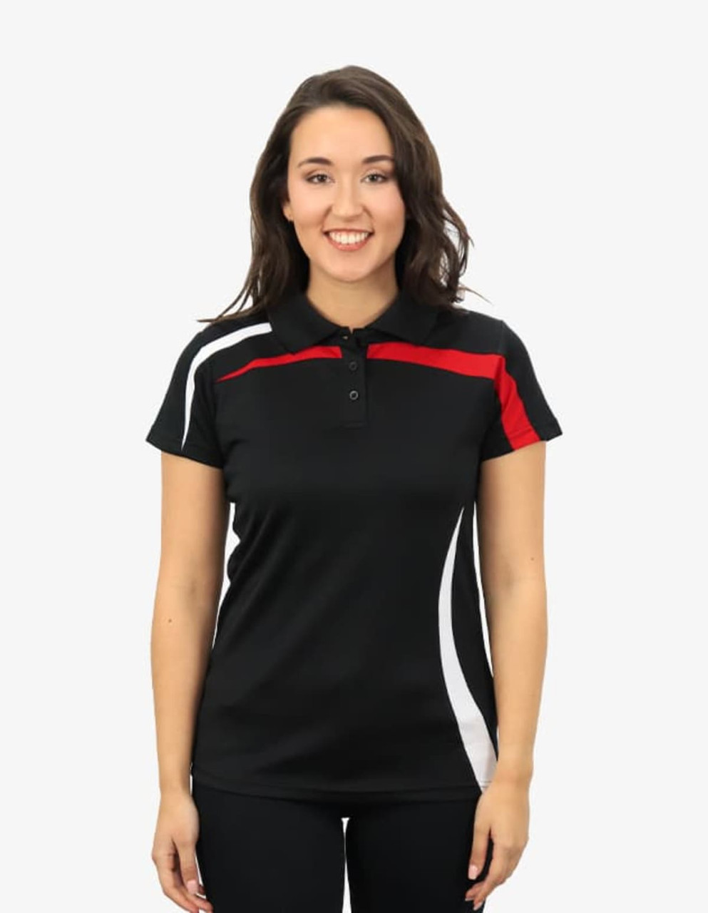 A woman models a black polo shirt featuring red and white accents and a logo on the chest.