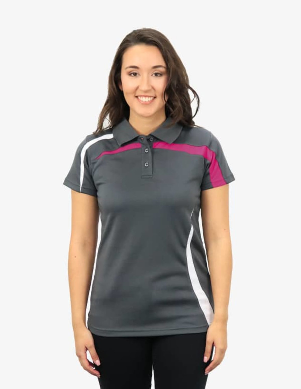 A woman wearing a grey polo shirt with pink and white accents, featuring a branded logo.