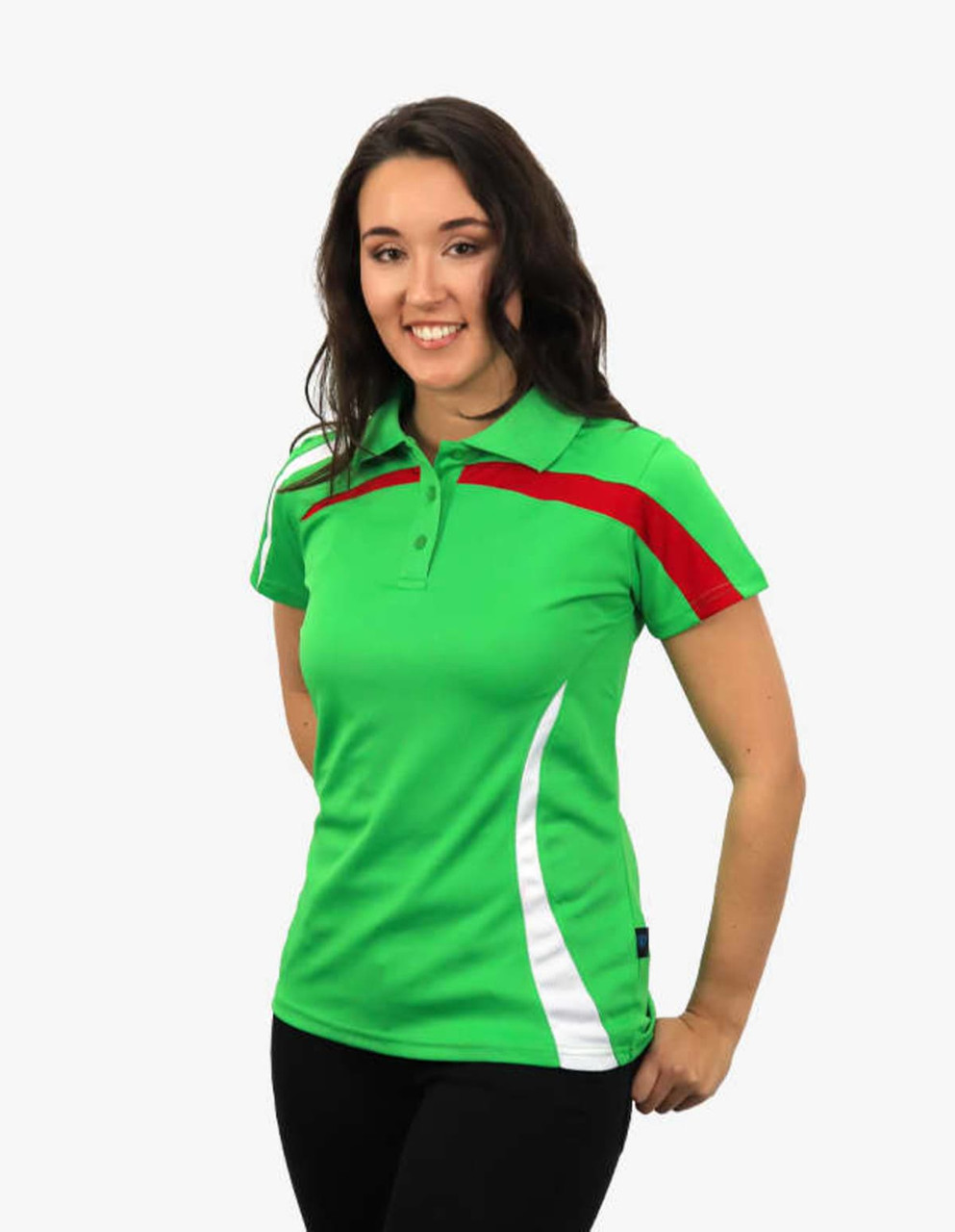 A green polo shirt featuring red and white accents, displayed on a model with a friendly smile. The shirt has a logo.