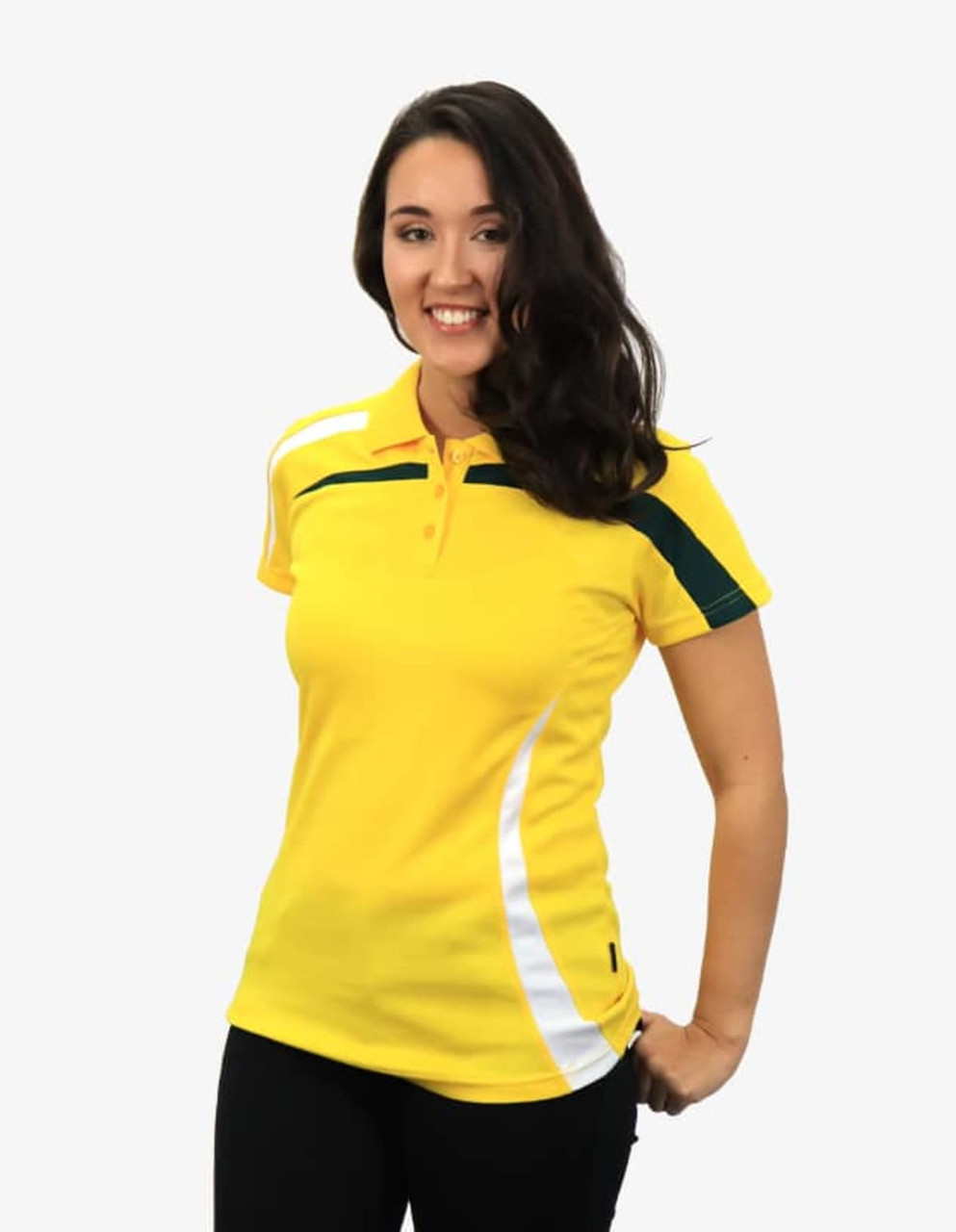 A yellow polo shirt with green and white accents, featuring a logo. Worn by a smiling woman in a casual pose.