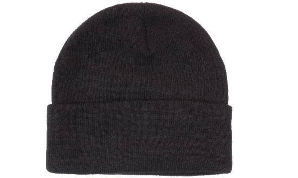 A black acrylic beanie with Thinsulate lining, featuring a cuffed design and a logo.