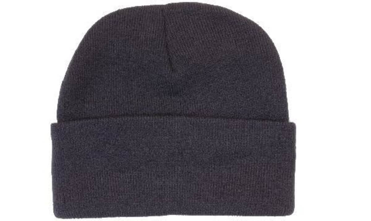 Acrylic beanie in dark grey with a Thinsulate lining, featuring a folded cuff and a logo.