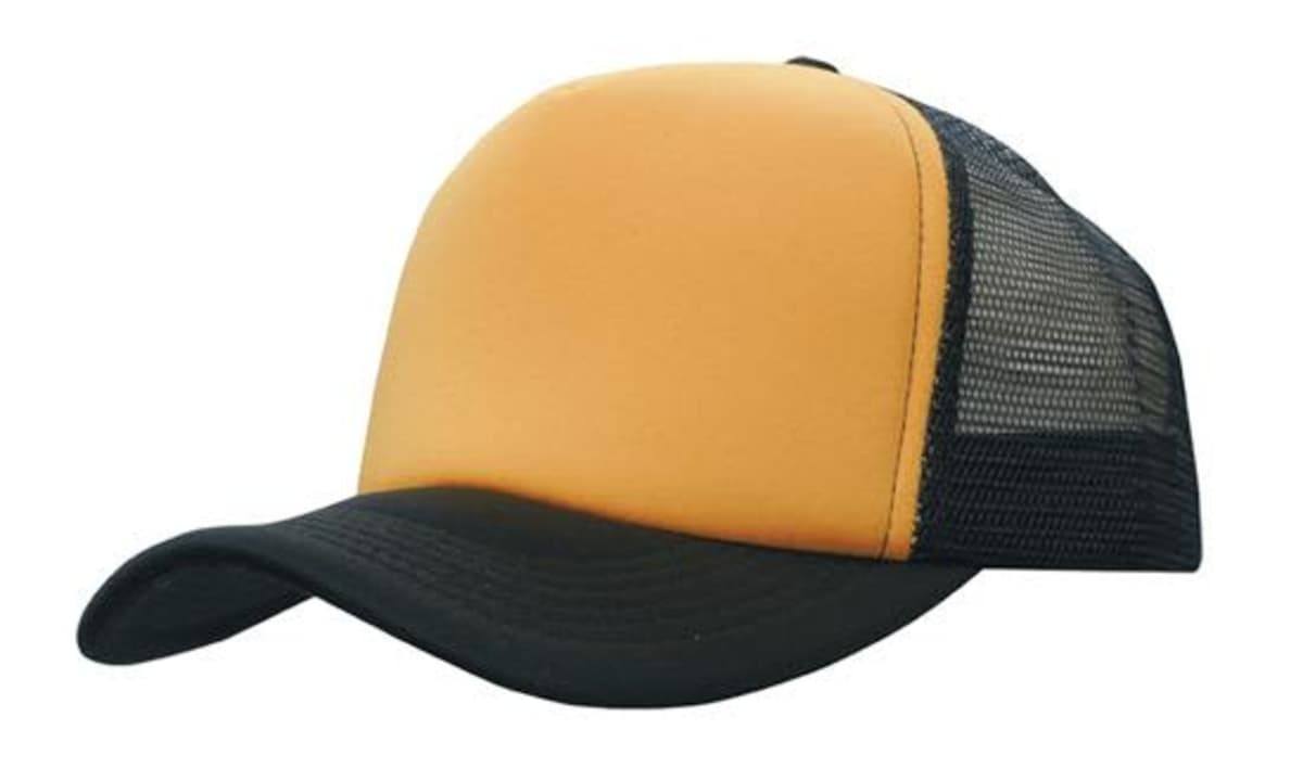 A trucker mesh cap featuring a mustard yellow front panel and a black mesh back.