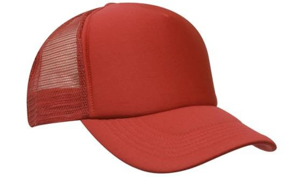 A red truckers mesh cap featuring a solid front and mesh sides, with a curved brim. It has a logo on the front.