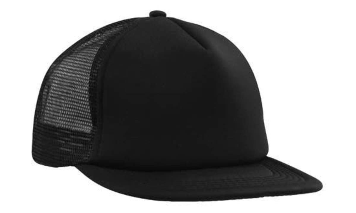 A black trucker mesh cap with a flat peak and mesh sides, featuring a branded logo.