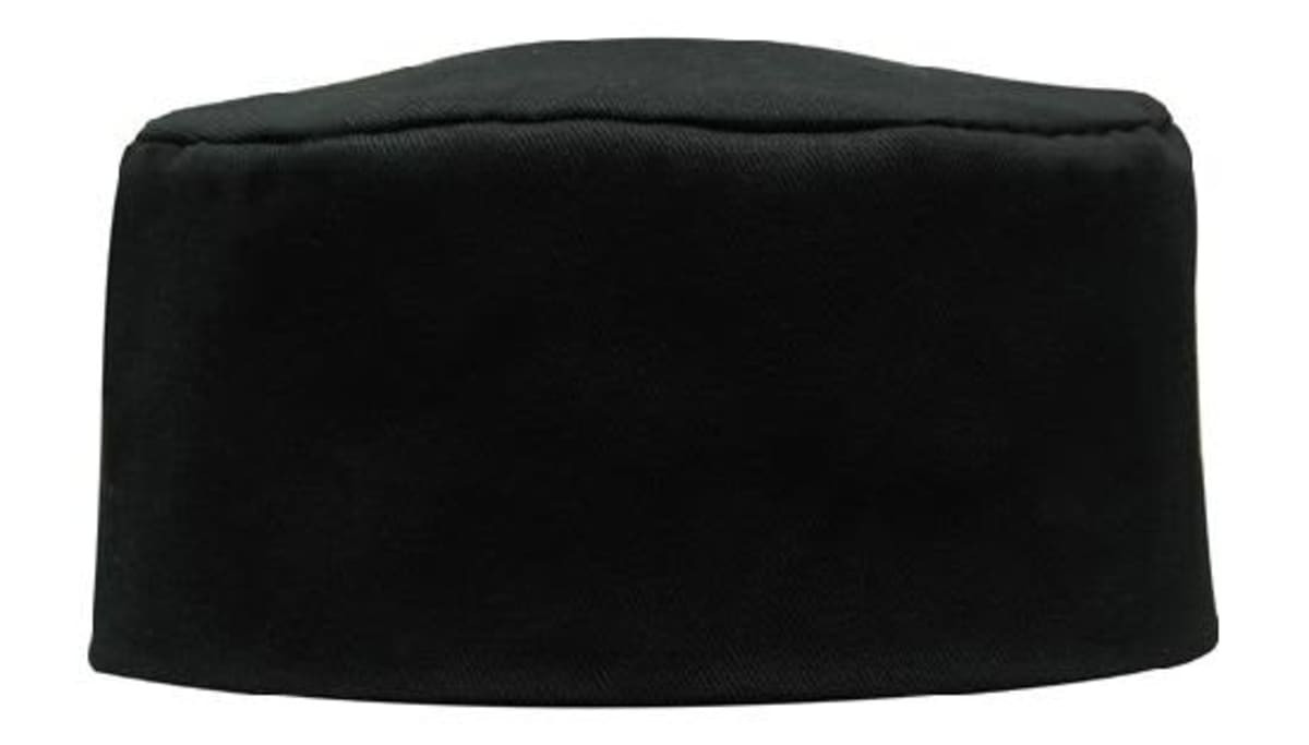 A black poly cotton chef's hat with a structured, round top. It features a simple design and has a logo.