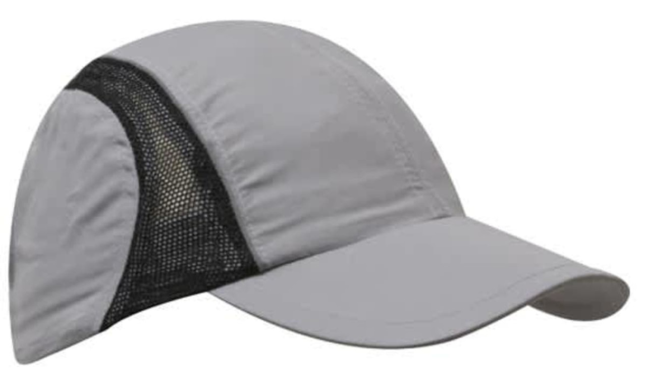 A grey sports cap featuring mesh panels and reflective trim. The cap has a logo on it.