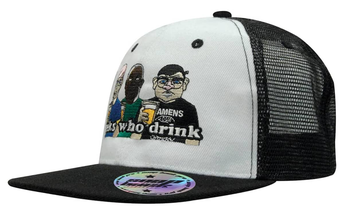 A black and white snapback cap featuring a cartoon graphic of three characters. The cap has a branded logo.
