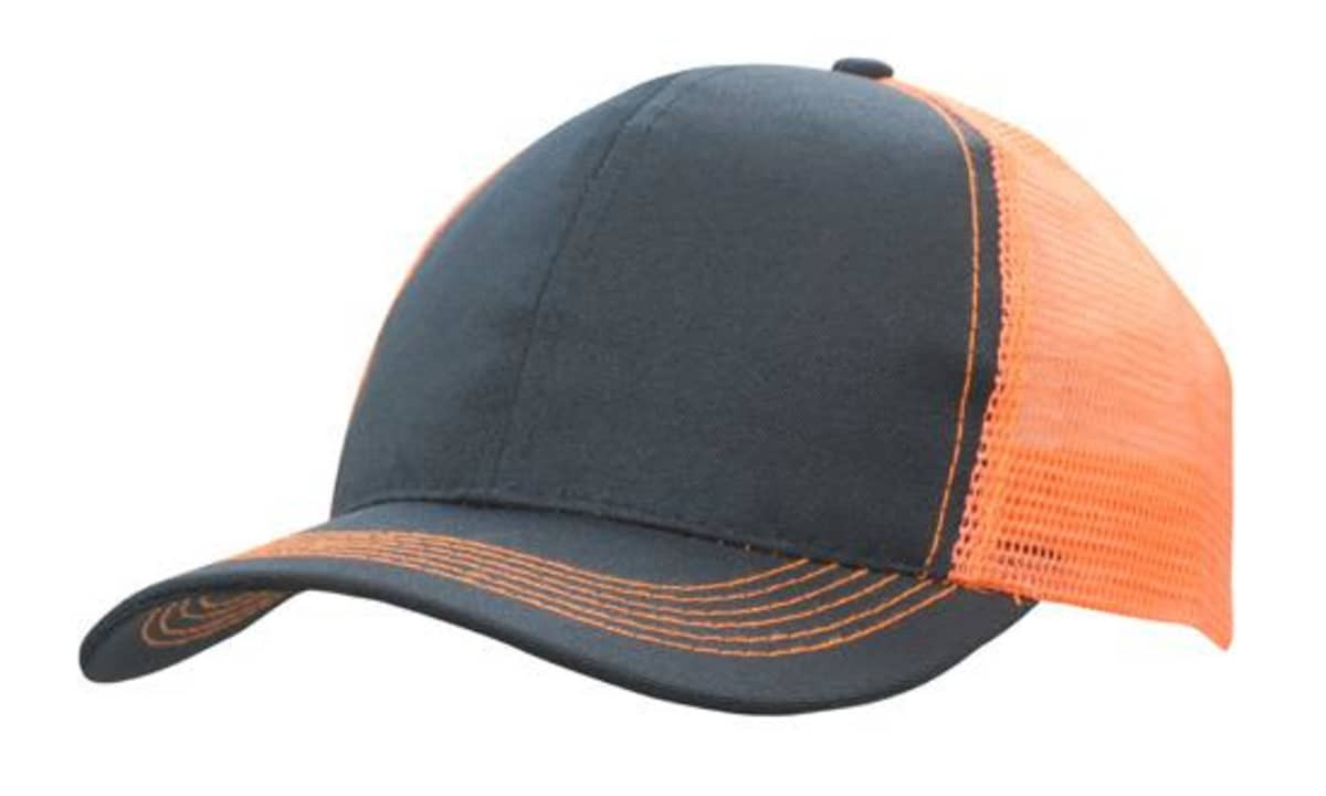 A cap featuring a breathable poly twill structure with a mesh back in navy and orange colours. It has a logo on the front.