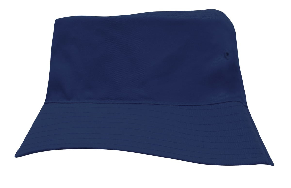 A navy blue breathable poly twill infants bucket hat with a wide brim and a logo on the side.