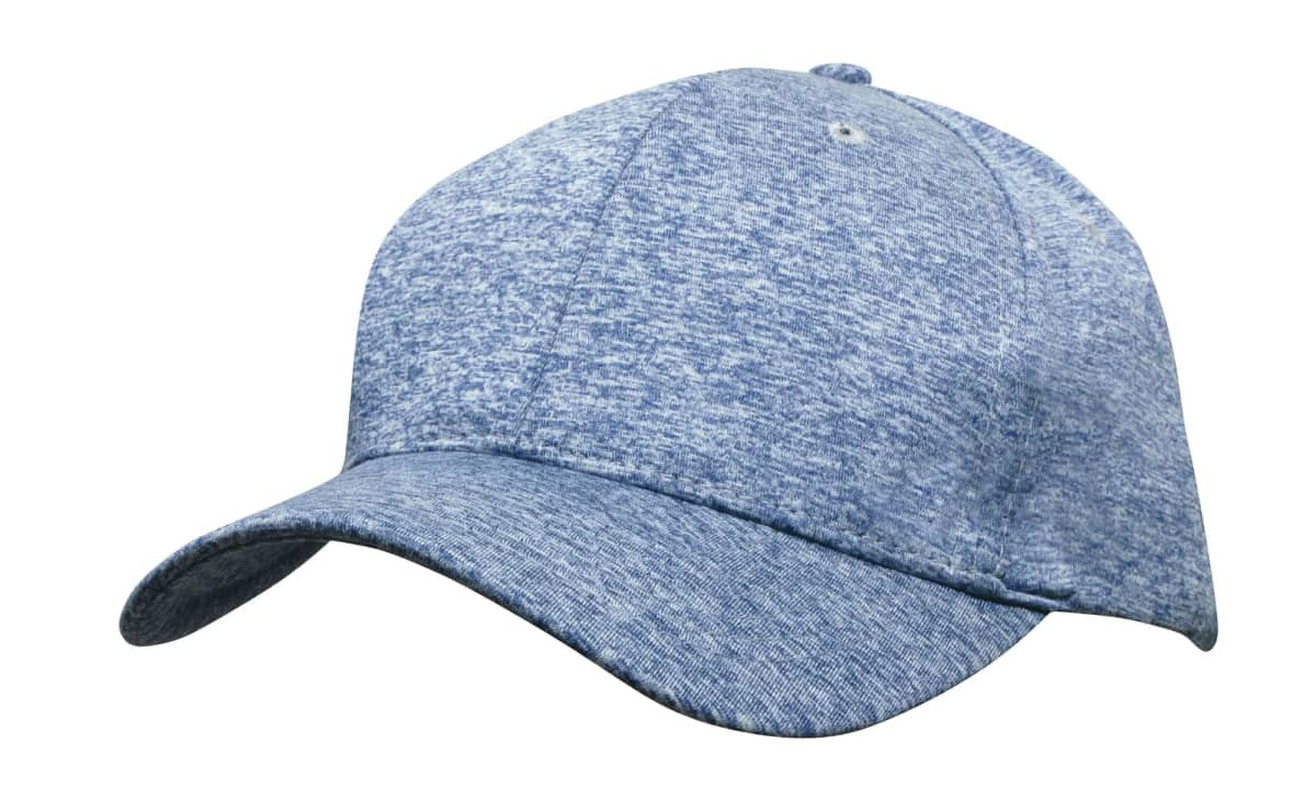 A blue marled cap with a curved brim and an adjustable closure at the back, featuring a logo.