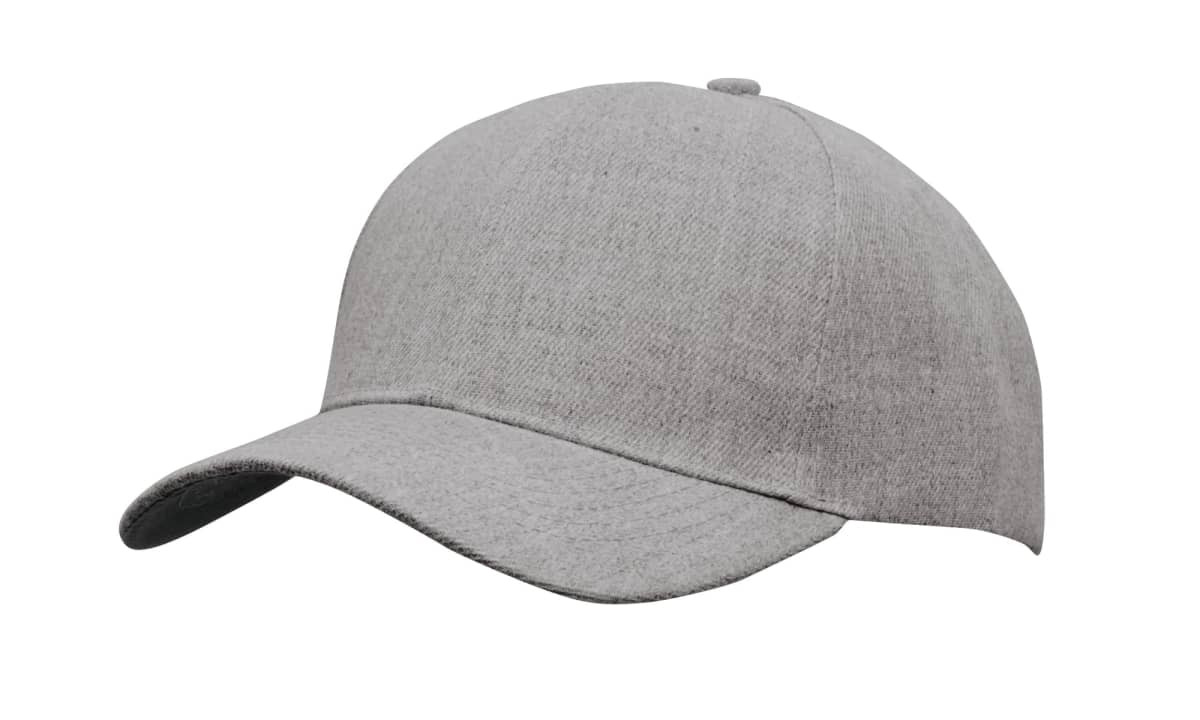 A grey Premium American Twill Cap with a rounded crown and a curved brim, featuring a logo.