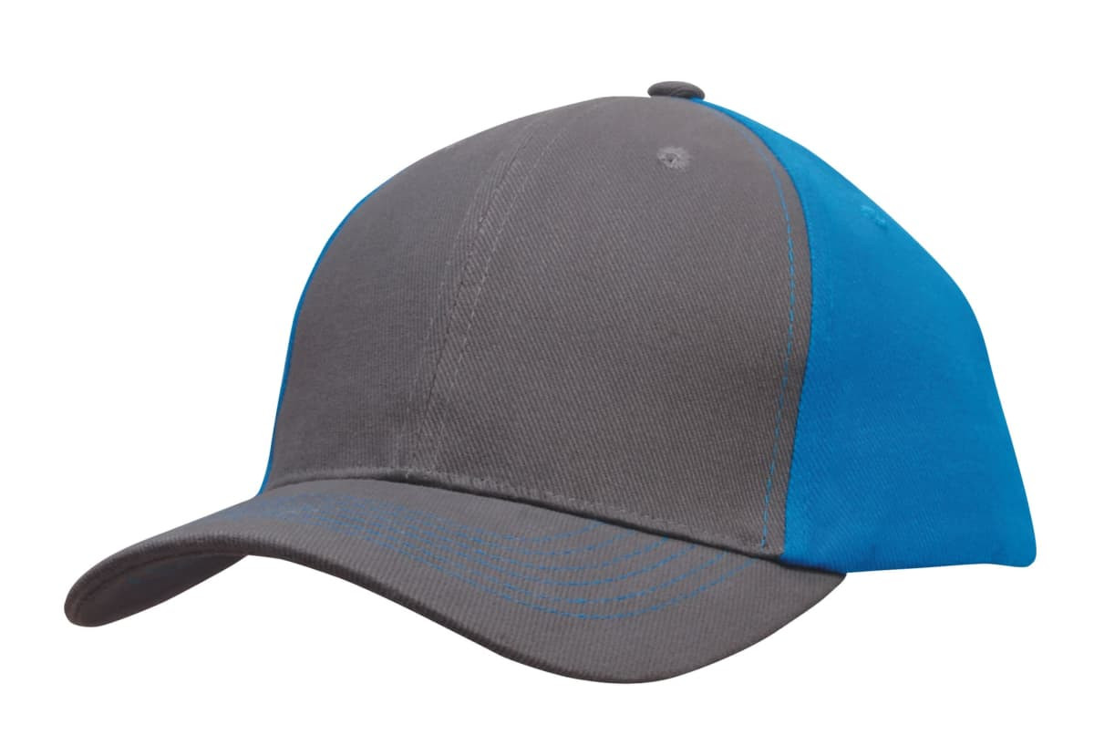 A brushed heavy cotton cap with a grey front and bright blue side panels. Features a logo on the front.