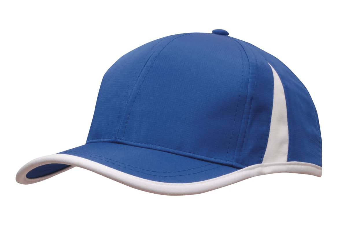 A blue cap with white trim and a logo on the front. It features a structured design and a curved visor.