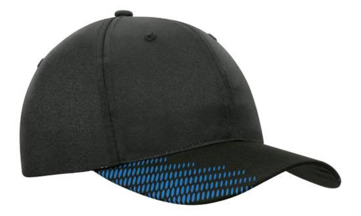 A black cap featuring a peak with blue flash print and a logo. The design is made from breathable poly twill material.