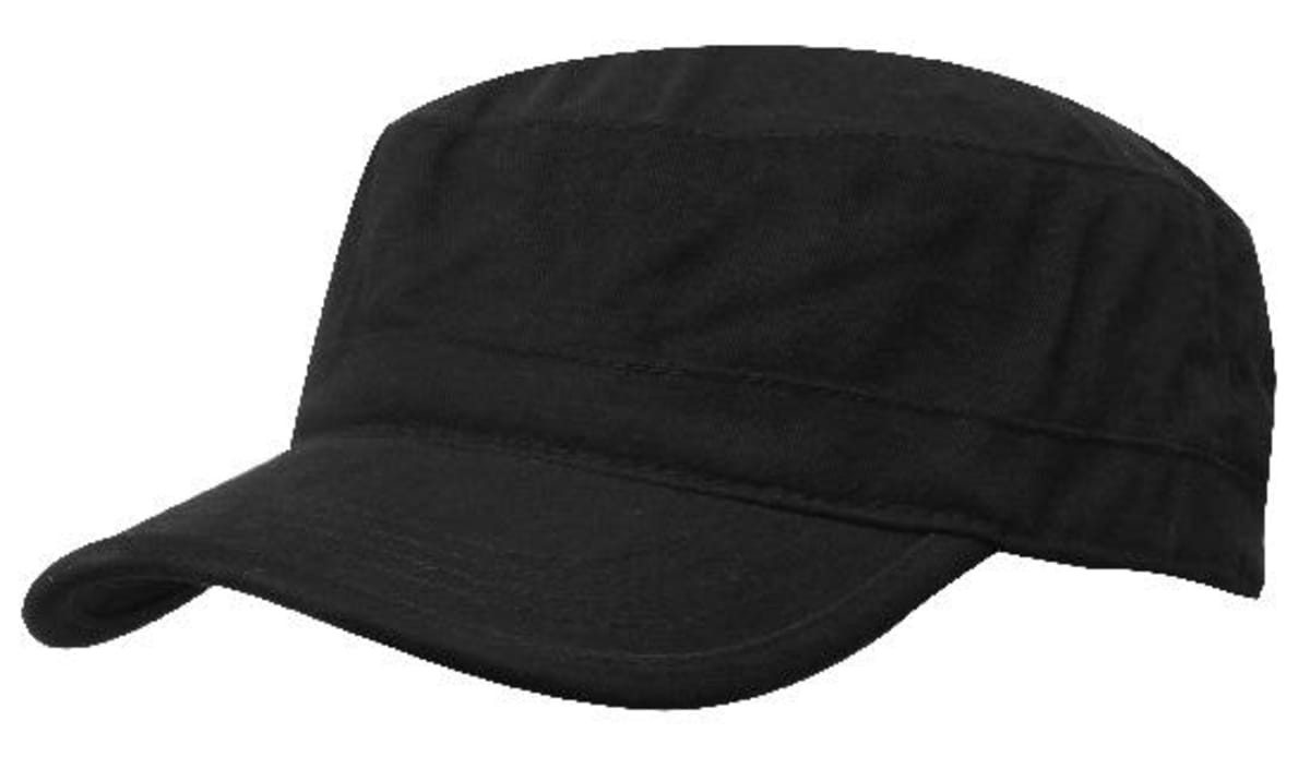A black military cap with a wide, flat brim and a structured crown. It features a logo on the front.