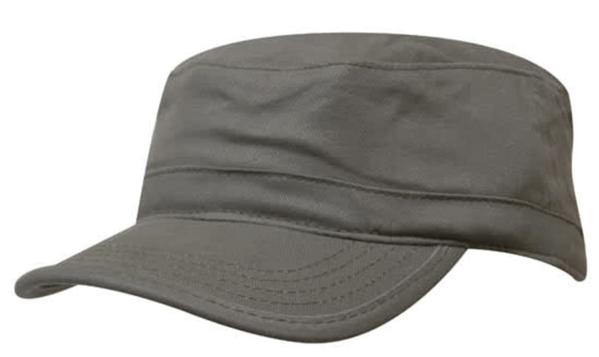 A sports twill military cap in grey with a wide brim and a structured design, featuring a logo on the side.