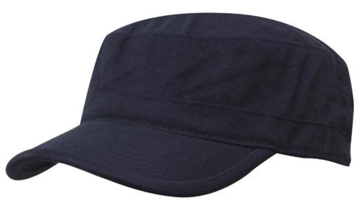 A navy blue military-style cap with a flat brim and structured design. It includes a logo.