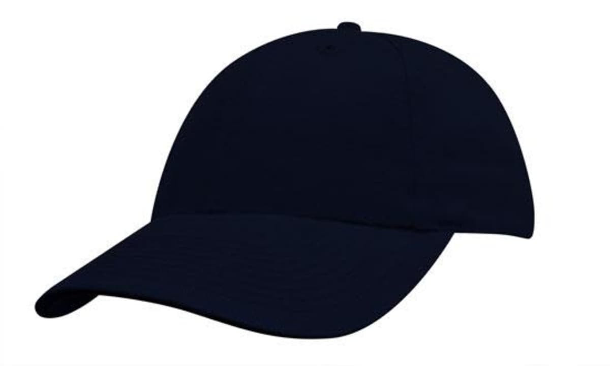 A navy blue cap with a curved brim and an adjustable strap at the back, featuring a logo.