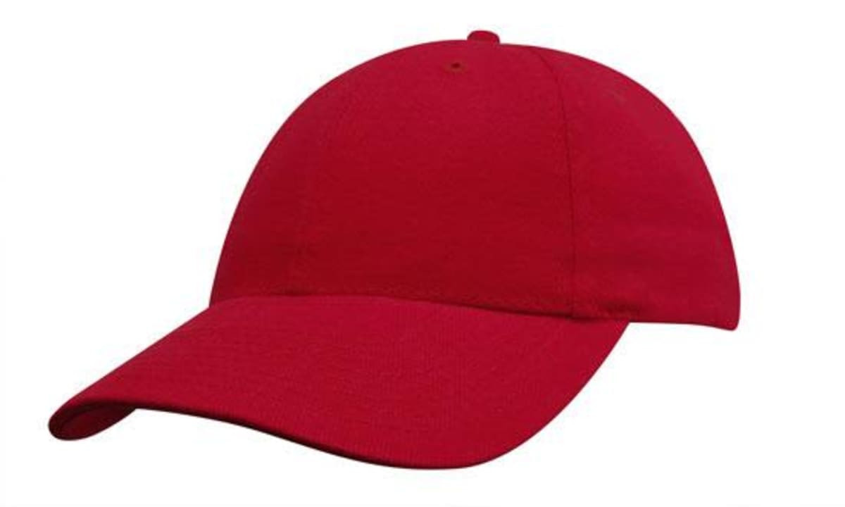 A red cap with a curved brim and an adjustable strap, featuring a logo on the front.