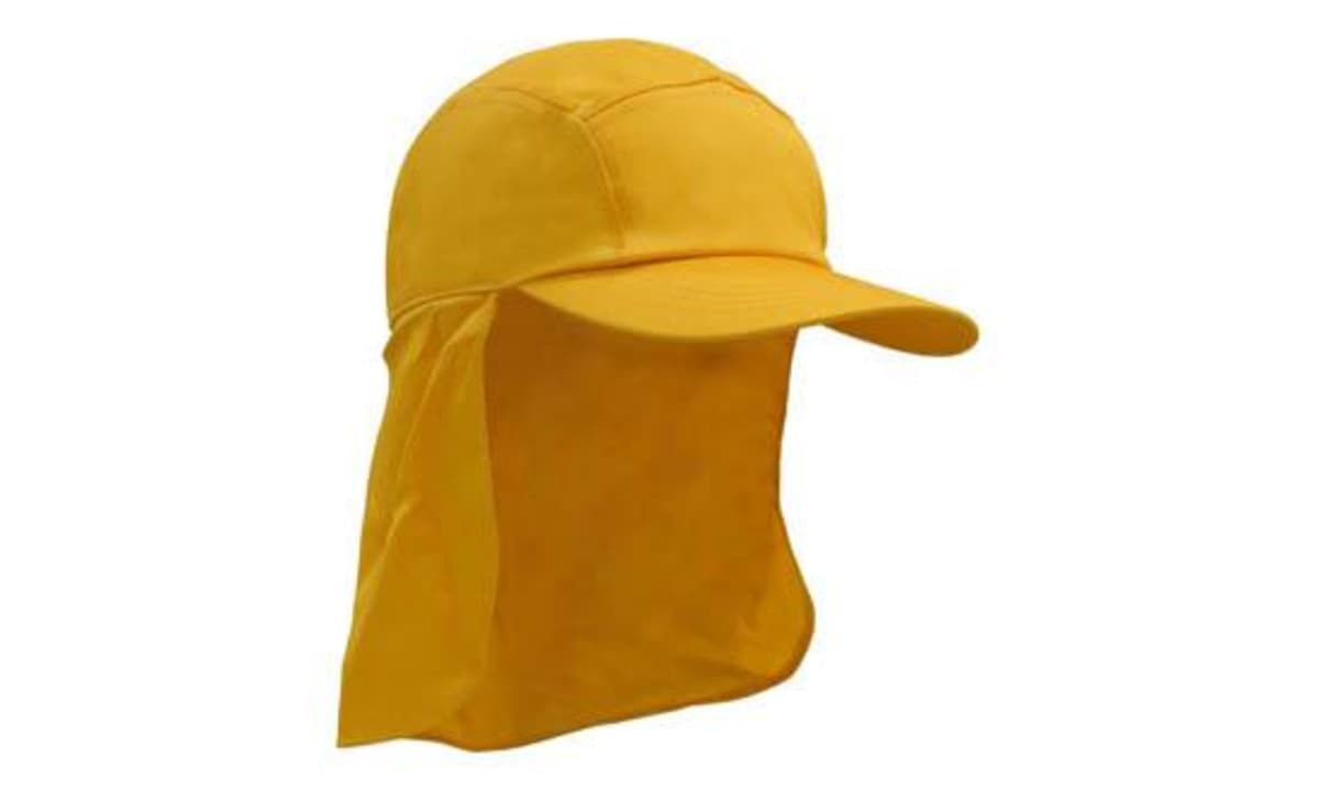A yellow legionnaire cap featuring a wide brim and neck flap for added protection. It has a branding logo.