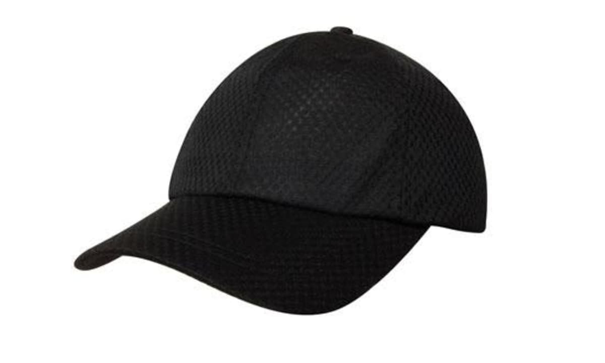 A black cap made from breathable mesh fabric featuring a curved brim and a logo on the side.