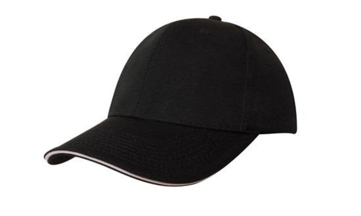 A black cap with a sandwich trim detail along the brim and a logo on the front.